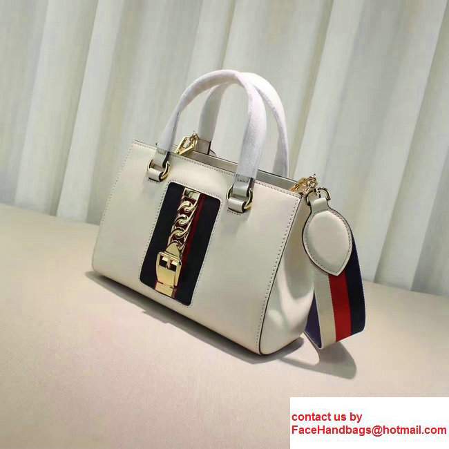 Gucci Sylvie Leather Buckle Design Web Chain Top HandleBag 460381 White 2017 - Click Image to Close
