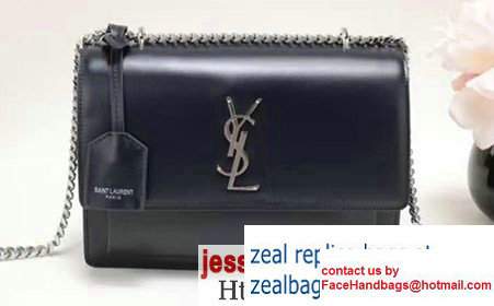 Saint Laurent Medium Sunset Monogram Flap Front Bag in Grained Leather449453 Navy Blue 2017 - Click Image to Close