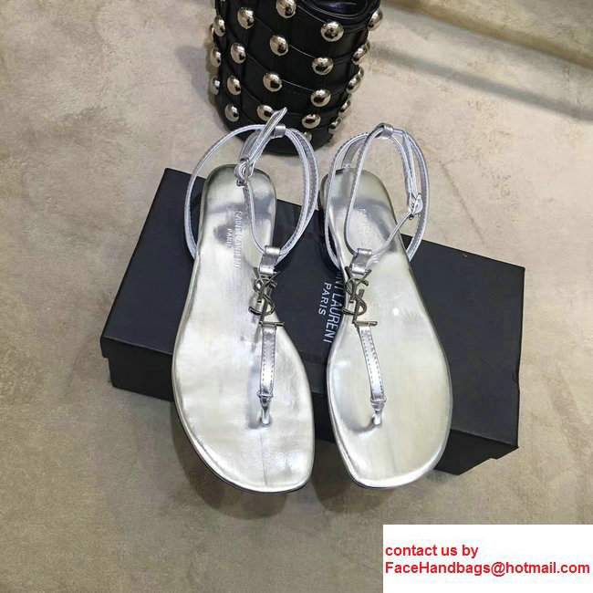 Saint Laurent T-Strap Nu Pieds 05 Ysl Flat Sandals 466680 Silver 2017