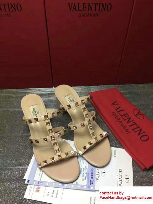 Valentino Sheepskin Heel 6.5cm Rockstud Slide Sandals Apricot 2017