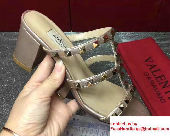 Valentino Sheepskin Heel 6.5cm Rockstud Slide Sandals Gold 2017