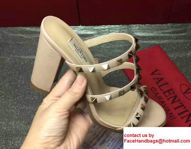Valentino Sheepskin Heel 9.5cm Rockstud Slide Sandals Apricot 2017 - Click Image to Close