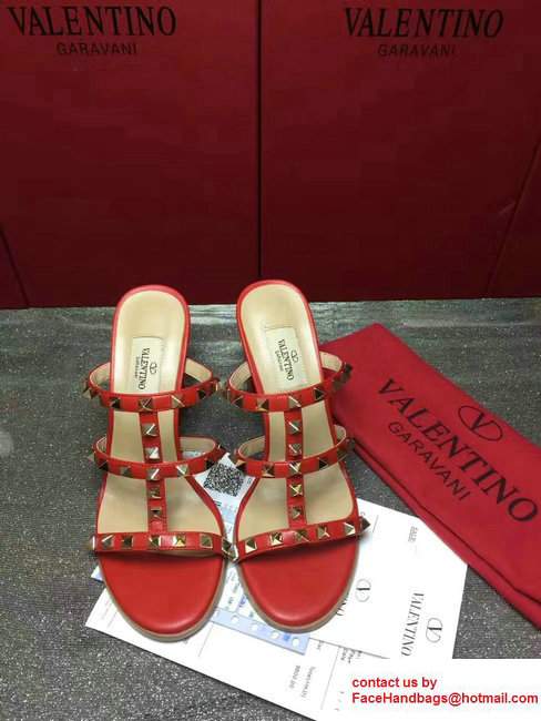Valentino Sheepskin Heel 9.5cm Rockstud Slide Sandals Red 2017 - Click Image to Close