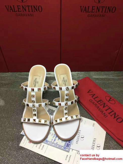 Valentino Sheepskin Heel 9.5cm Rockstud Slide Sandals White 2017 - Click Image to Close