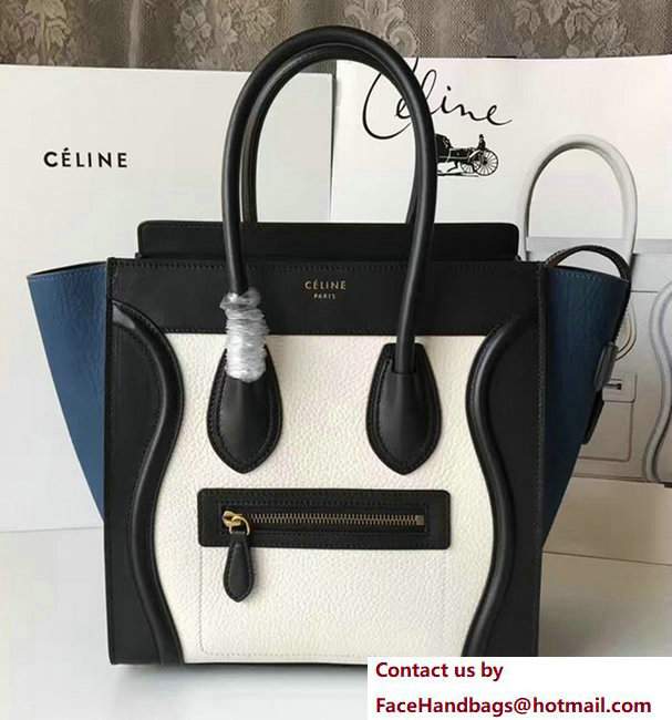 Celine Luggage Micro Tote Bag in Grained Leather Black/White/Blue 2017 Celine Luggage Micro Tote Bag in Grained Leather Black/White/Blue 2017