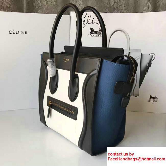Celine Luggage Micro Tote Bag in Grained Leather Black/White/Blue 2017