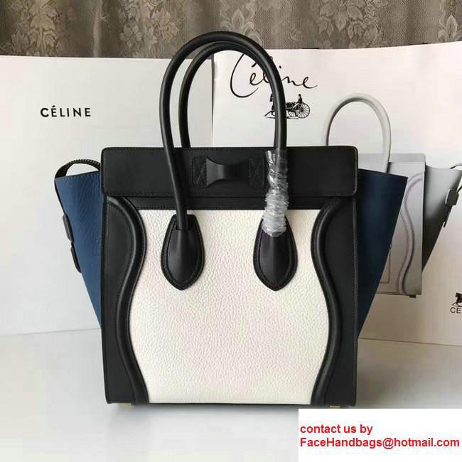 Celine Luggage Micro Tote Bag in Grained Leather Black/White/Blue 2017