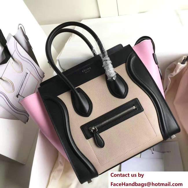 Celine Luggage Micro Tote Bag in Original Leather Black/Grained Apricot/Pink 2017