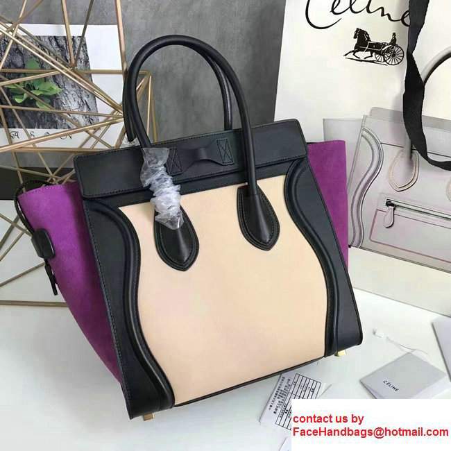 Celine Luggage Micro Tote Bag in Original Leather Black/Grained Beige/Suede Purple