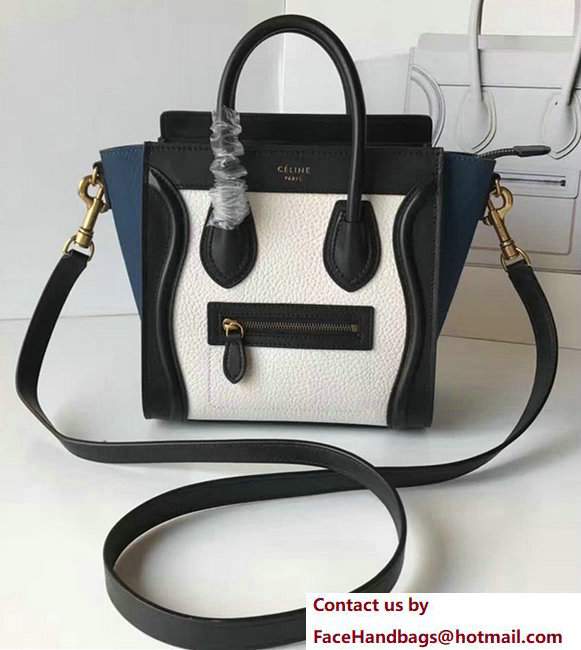 Celine Luggage Nano Tote Bag In Grained Leather Black/White/Blue 2017 - Click Image to Close