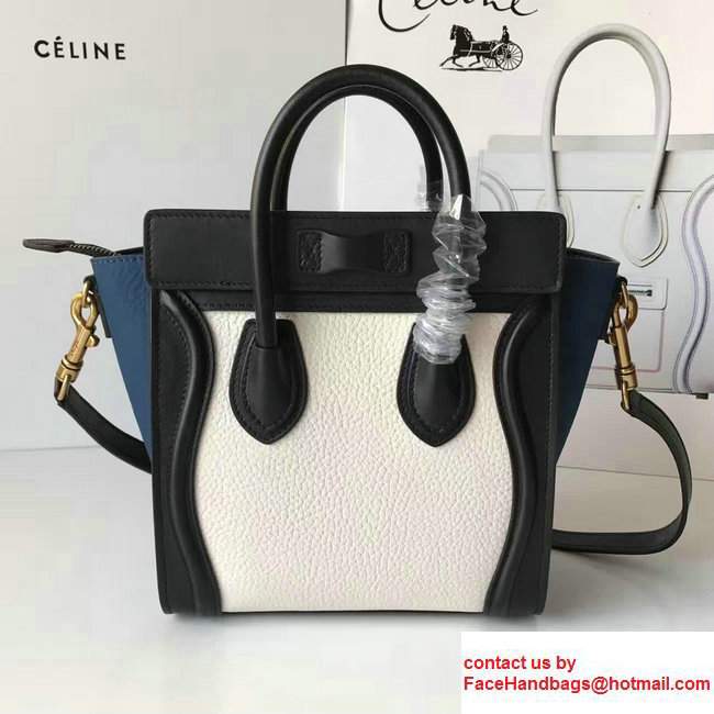 Celine Luggage Nano Tote Bag In Grained Leather Black/White/Blue 2017