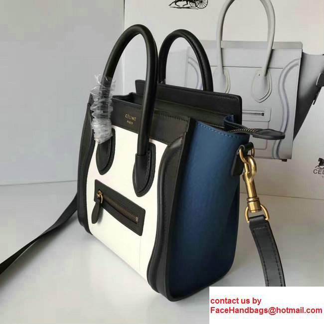 Celine Luggage Nano Tote Bag In Grained Leather Black/White/Blue 2017 - Click Image to Close