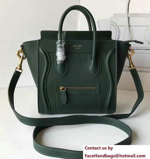 Celine Luggage Nano Tote Bag In Grained Leather Dark Green 2017 - Click Image to Close