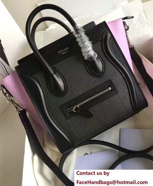 Celine Luggage Nano Tote Bag In Original Leather Grained Black/Pink - Click Image to Close