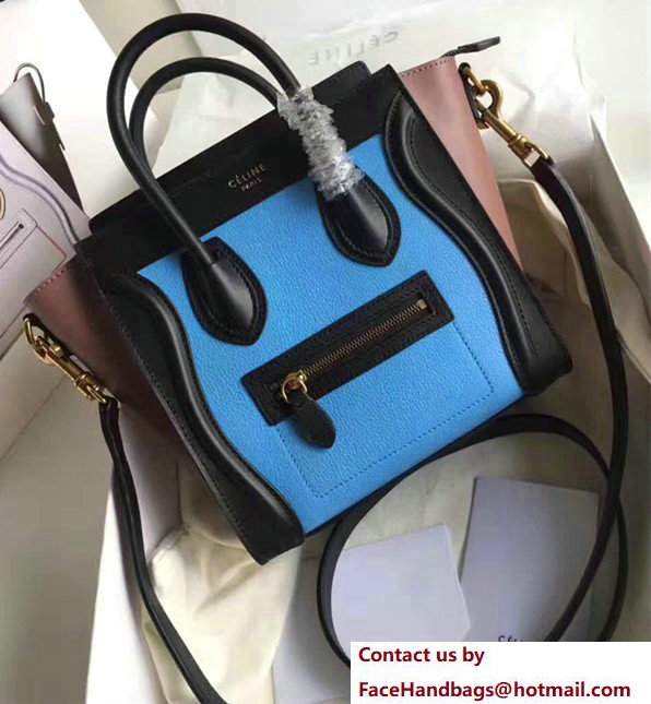 Celine Luggage Nano Tote Bag In Original Leather Grained Blue/Black/Camel 2017