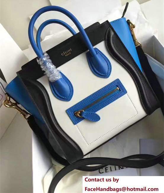 Celine Luggage Nano Tote Bag In Original Leather White/Black/Blue - Click Image to Close