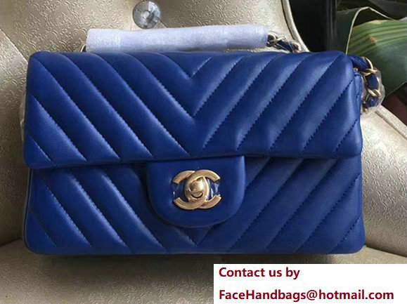 Chanel Chevron Lambskin Classic Flap Mini Bag A1116 Blue With Gold Hardware