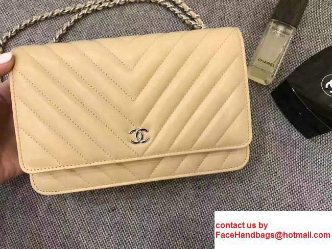 Chanel Chevron Wallet On Chain WOC Bag Beige/Sliver