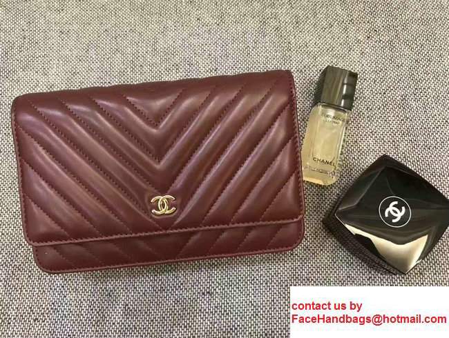 Chanel Chevron Wallet On Chain WOC Bag Burgundy/Gold