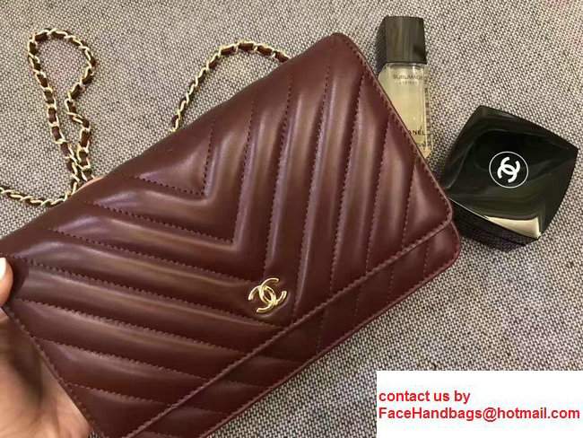 Chanel Chevron Wallet On Chain WOC Bag Burgundy/Gold
