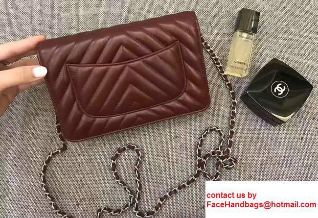 Chanel Chevron Wallet On Chain WOC Bag Burgundy/Sliver