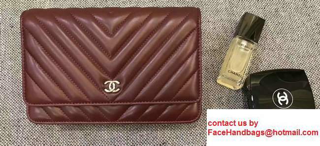 Chanel Chevron Wallet On Chain WOC Bag Burgundy/Sliver - Click Image to Close