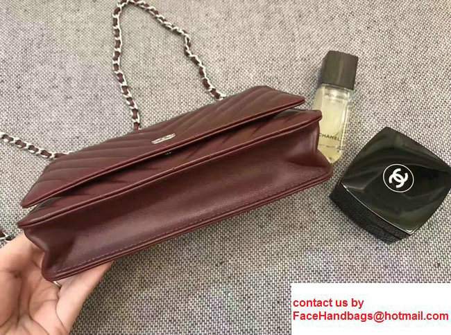 Chanel Chevron Wallet On Chain WOC Bag Burgundy/Sliver