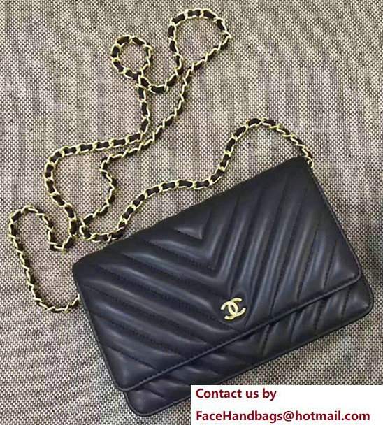 Chanel Chevron Wallet On Chain WOC Bag Navy Blue/Gold - Click Image to Close
