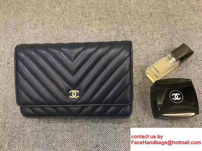 Chanel Chevron Wallet On Chain WOC Bag Navy Blue/Gold