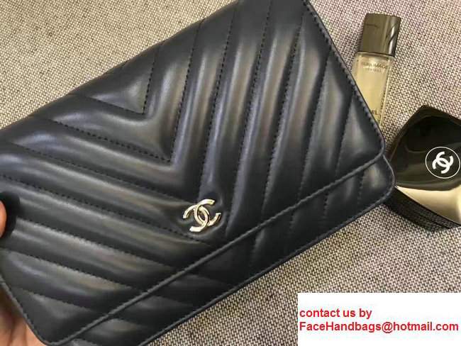 Chanel Chevron Wallet On Chain WOC Bag Navy Blue/Sliver