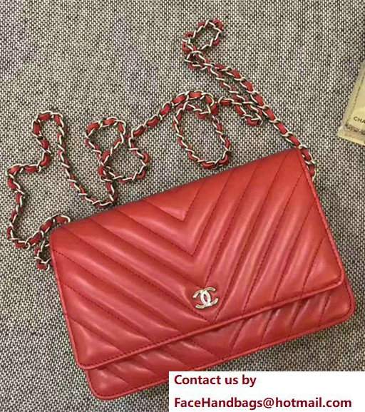 Chanel Chevron Wallet On Chain WOC Bag Red/Sliver - Click Image to Close