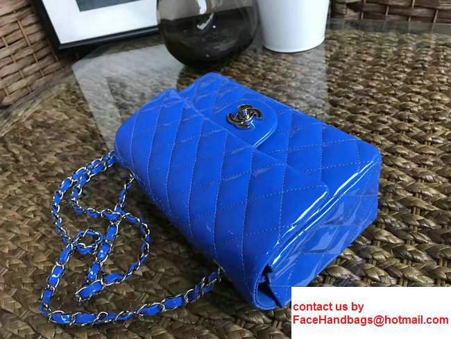 Chanel Classic Flap Mini Bag A1116 In Patent Leather Blue With Sliver Hardware - Click Image to Close