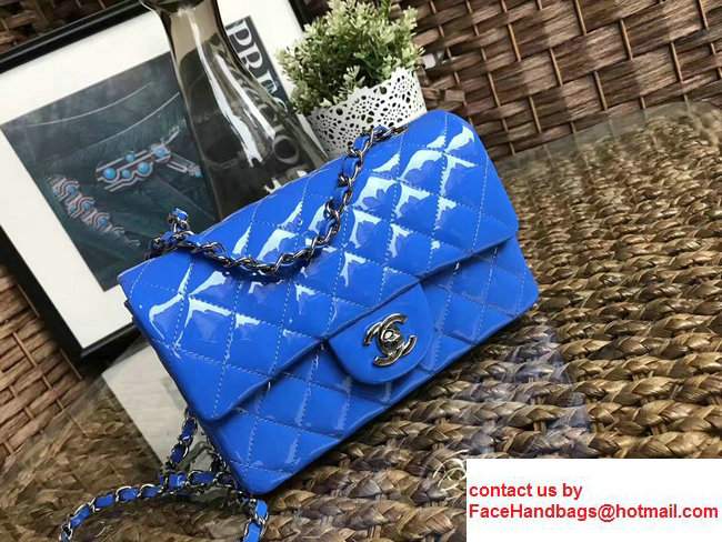 Chanel Classic Flap Mini Bag A1116 In Patent Leather Blue With Sliver Hardware - Click Image to Close