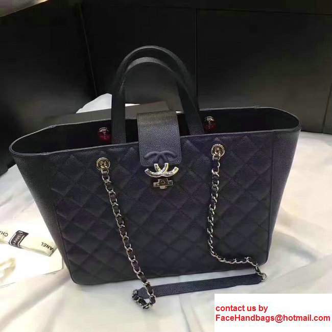 Chanel Grained Calfskin Large Shopping Bag Navy Blue A98665 2017 - Click Image to Close