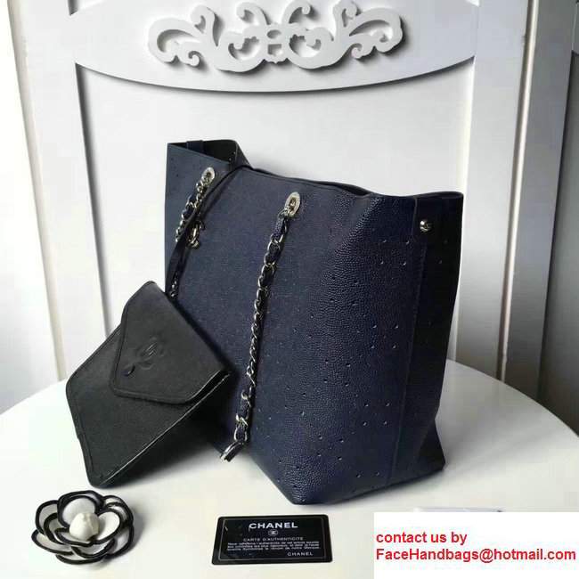 Chanel Grained Calfskin Perforate Design Large Shopping Bag A93261 Dark Blue 2017 - Click Image to Close