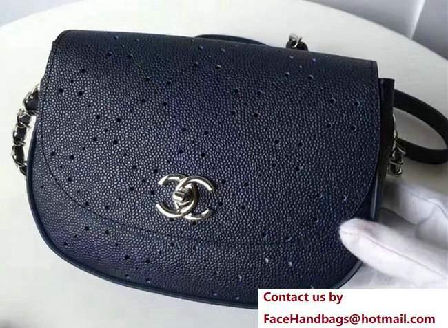 Chanel Grained Calfskin Perforate Design Messenger Flap Bag A93779 Dark Blue 2017 - Click Image to Close