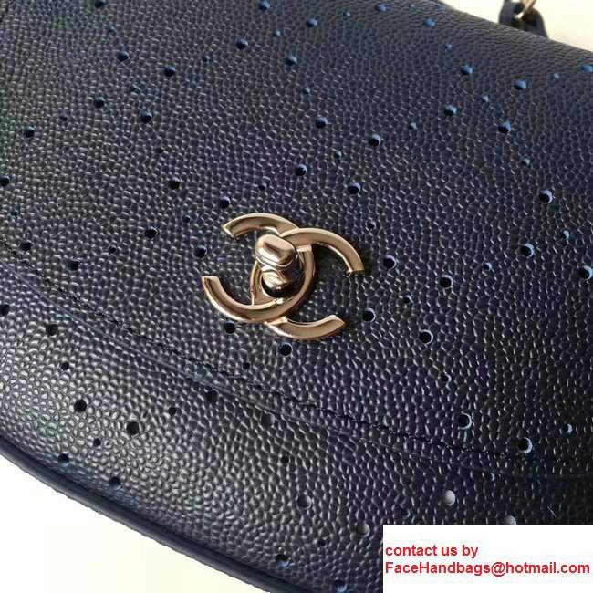 Chanel Grained Calfskin Perforate Design Messenger Flap Bag A93779 Dark Blue 2017
