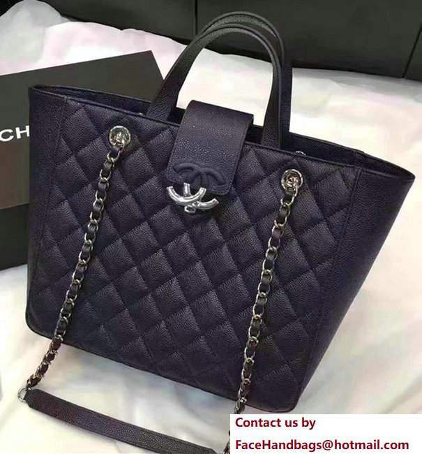 Chanel Grained Calfskin Small Shopping Bag Navy Blue A98664 2017 - Click Image to Close