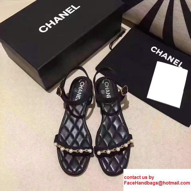 Chanel Heel 2cm Satin Fabric With Pearl Design Flat Scandals Black 2017 - Click Image to Close