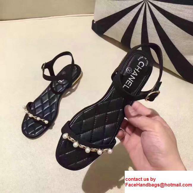 Chanel Heel 2cm Satin Fabric With Pearl Design Flat Scandals Black 2017 - Click Image to Close