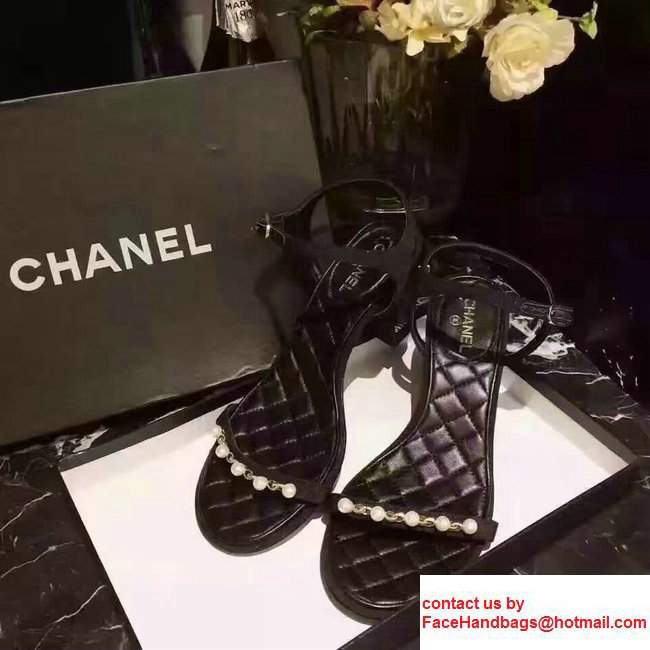 Chanel Heel 7.5cm Satin Fabric With Pearl Design Scandals Black 2017 - Click Image to Close