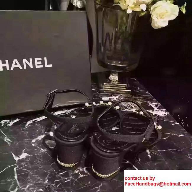 Chanel Heel 7.5cm Satin Fabric With Pearl Design Scandals Black 2017