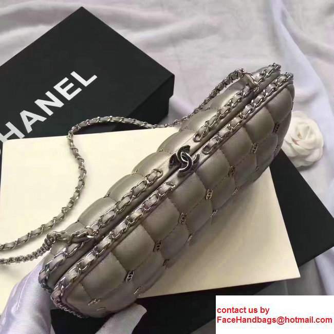 Chanel Leather Grid Design Metallic Logo Detail Evening Bag Sliver 2017 - Click Image to Close