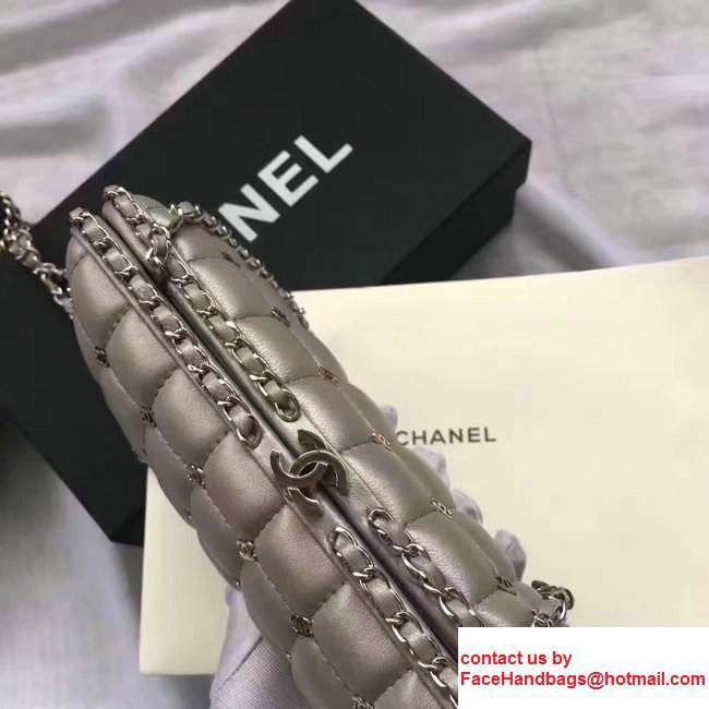 Chanel Leather Grid Design Metallic Logo Detail Evening Bag Sliver 2017