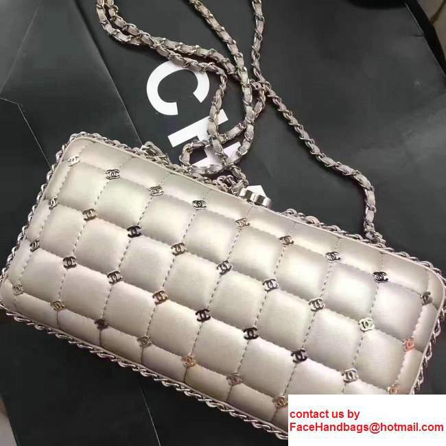 Chanel Leather Grid Design Metallic Logo Detail Evening Bag Sliver 2017 - Click Image to Close