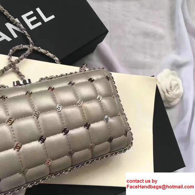 Chanel Leather Grid Design Metallic Logo Detail Evening Bag Sliver 2017