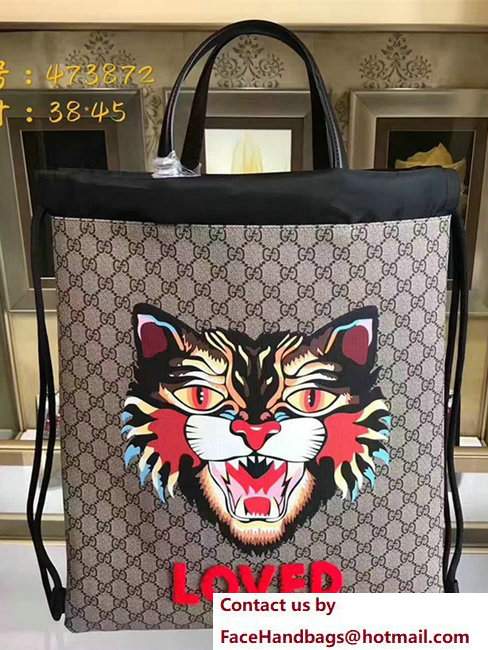 Gucci Angry Cat Print GG Supreme Drawstring Backpack 473872 2017 - Click Image to Close