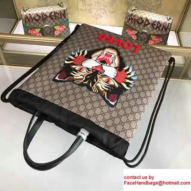 Gucci Angry Cat Print GG Supreme Drawstring Backpack 473872 2017