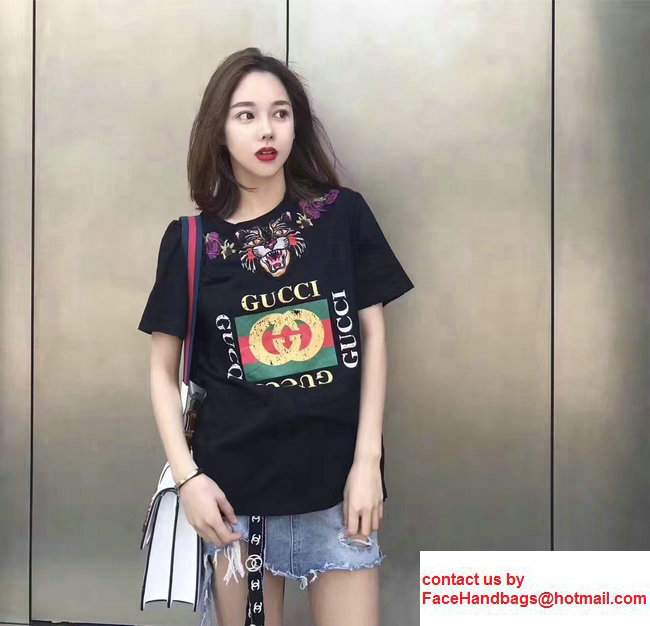 Gucci Cotton Angry Cat Embroidered LOVED Back T-shirt 457094 Black 2017