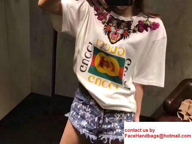 Gucci Cotton Angry Cat Embroidered LOVED Back T-shirt 457094 White 2017 - Click Image to Close